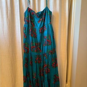J. Crew Teal Maxi Dress with Red Floral Print